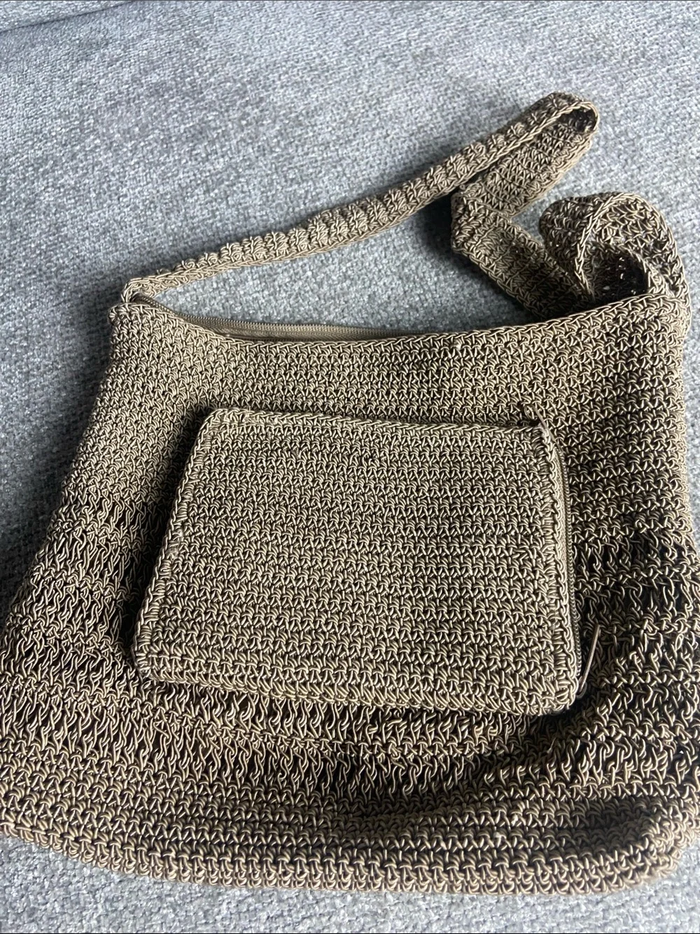 Handwoven Brown Crochet Crossbody Bag with Bead Accents